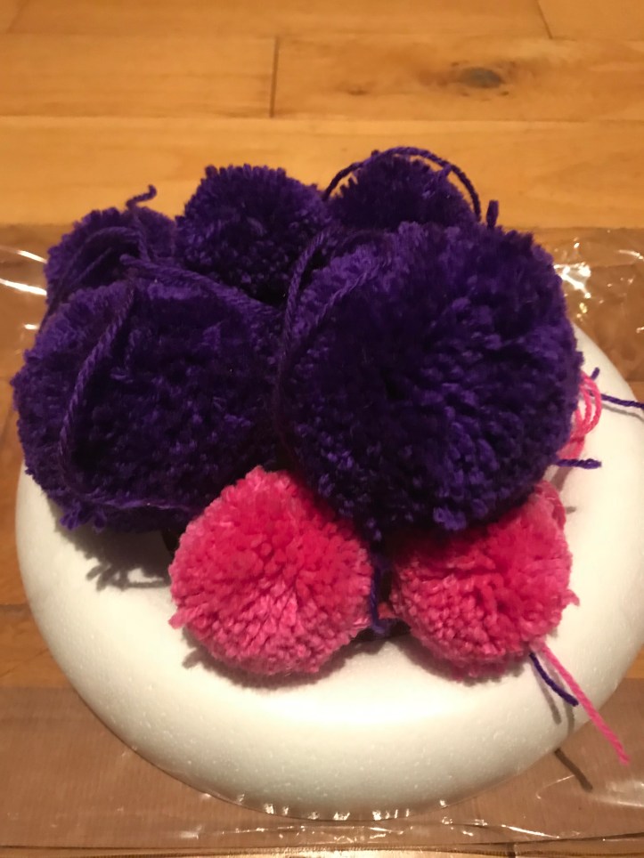 polystyrene wreath base and pompoms