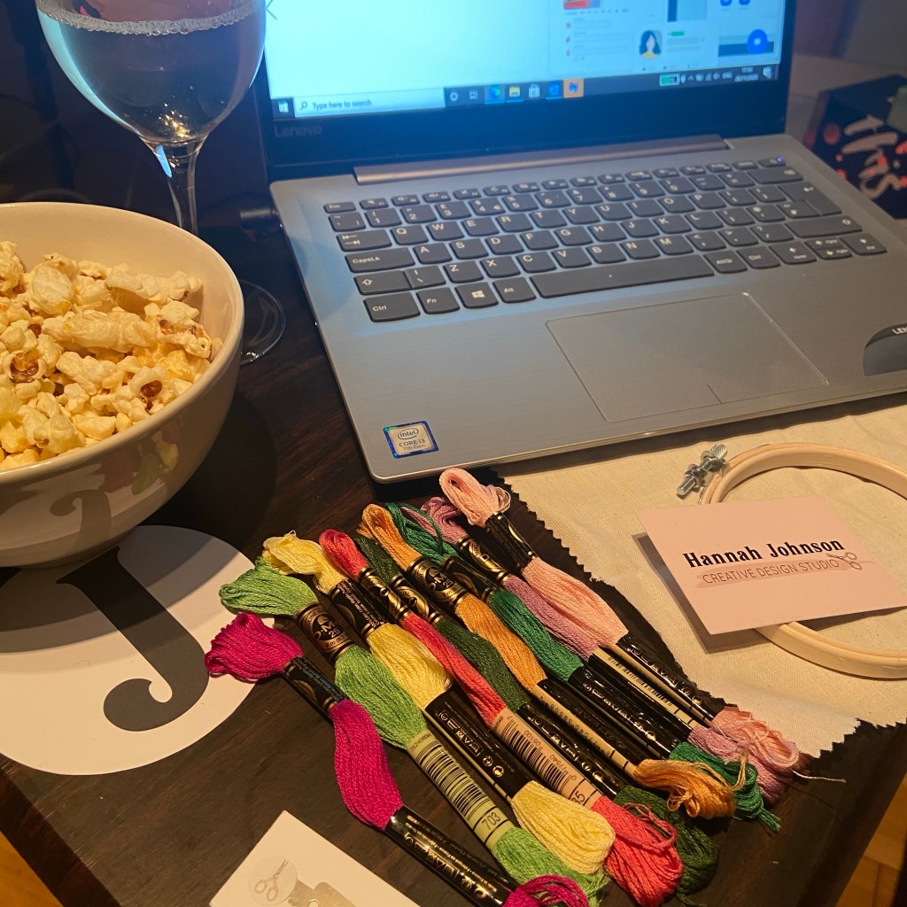 thread, fabric and laptop set up for virtual craft class